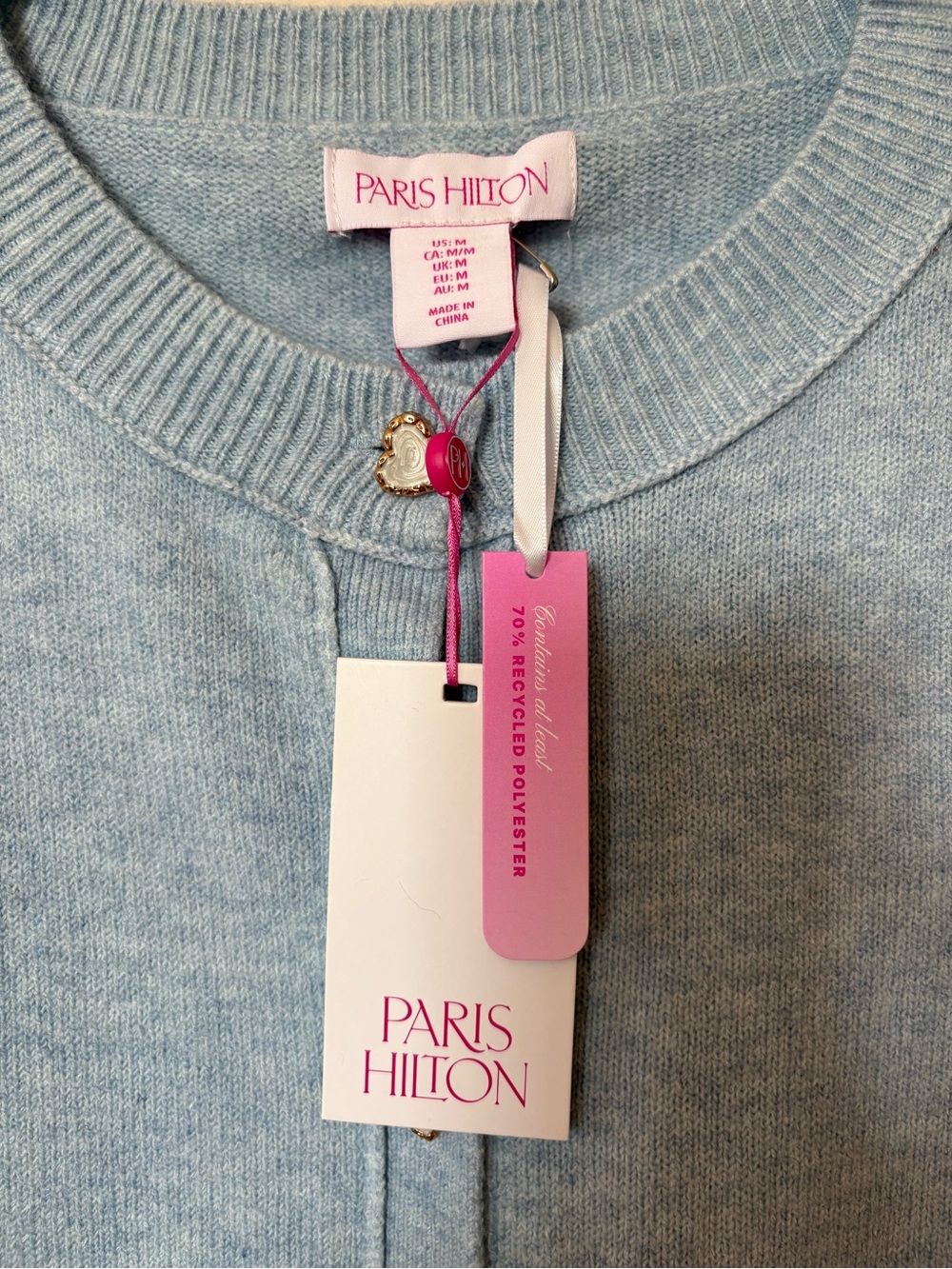 PARIS HILTON NEW Short Puff Sleeve Cropped Cardigan Blue Sz Medium - Picture 2 of 8